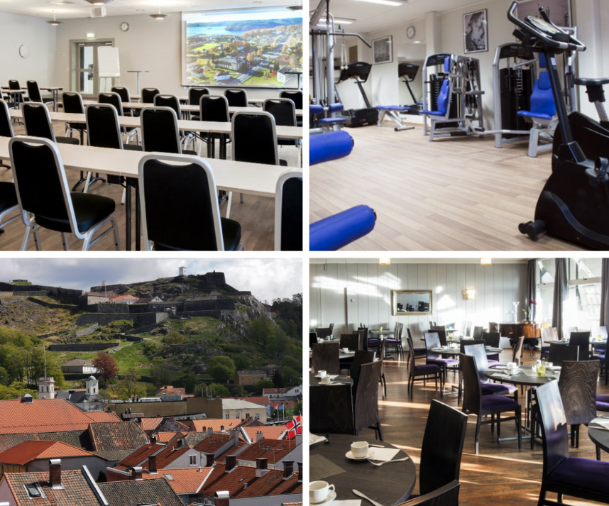 Lyse og trivelige konferanselokaler, fitness- og trimavdeling, samt tilbud om guiding på Fredriksten festning (nede til venstre) er noe mange kursdeltakere setter pris på.