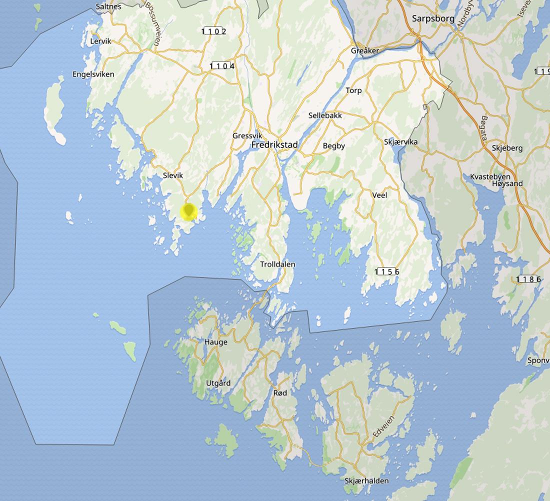 Torgauten fort (gul prikk) hadde en strategisk viktig plassering mellom Øyenkilen og Foten i Fredrikstad.